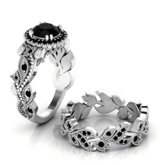 Black Crystal Flower & Vine Ring Set - Picture 2 of 3